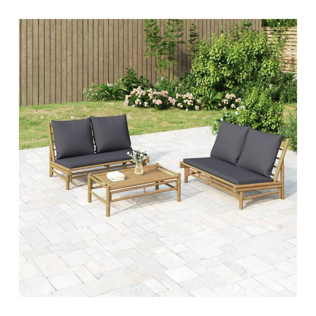 Vidaxl 2-teiliges Garten-Lounge-Set aus Bambus mit dunkelgrauen Kissen - Bild 1
