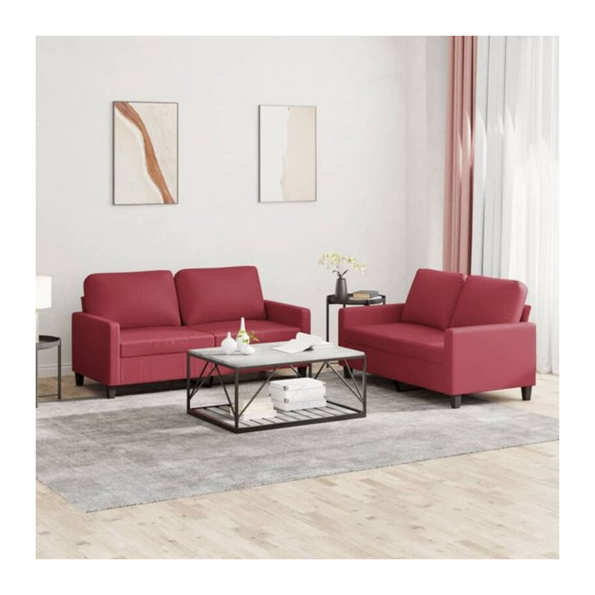 Vidaxl 2-tlg. Sofagarnitur in Rot aus Kunstleder mit Metallgestell und Kissen im modernen Design - Bild 1