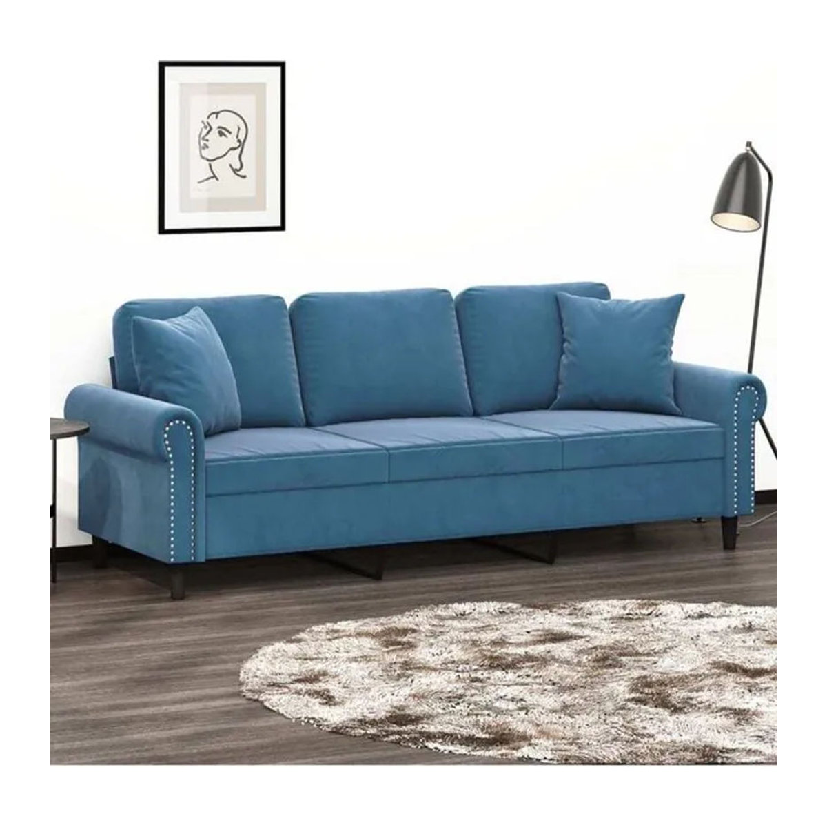Vidaxl 3-Sitzer-Sofa aus Samt in Blau mit Zierkissen und Metallgestell, Modernes Design, Breite: 180 cm - Bild 1