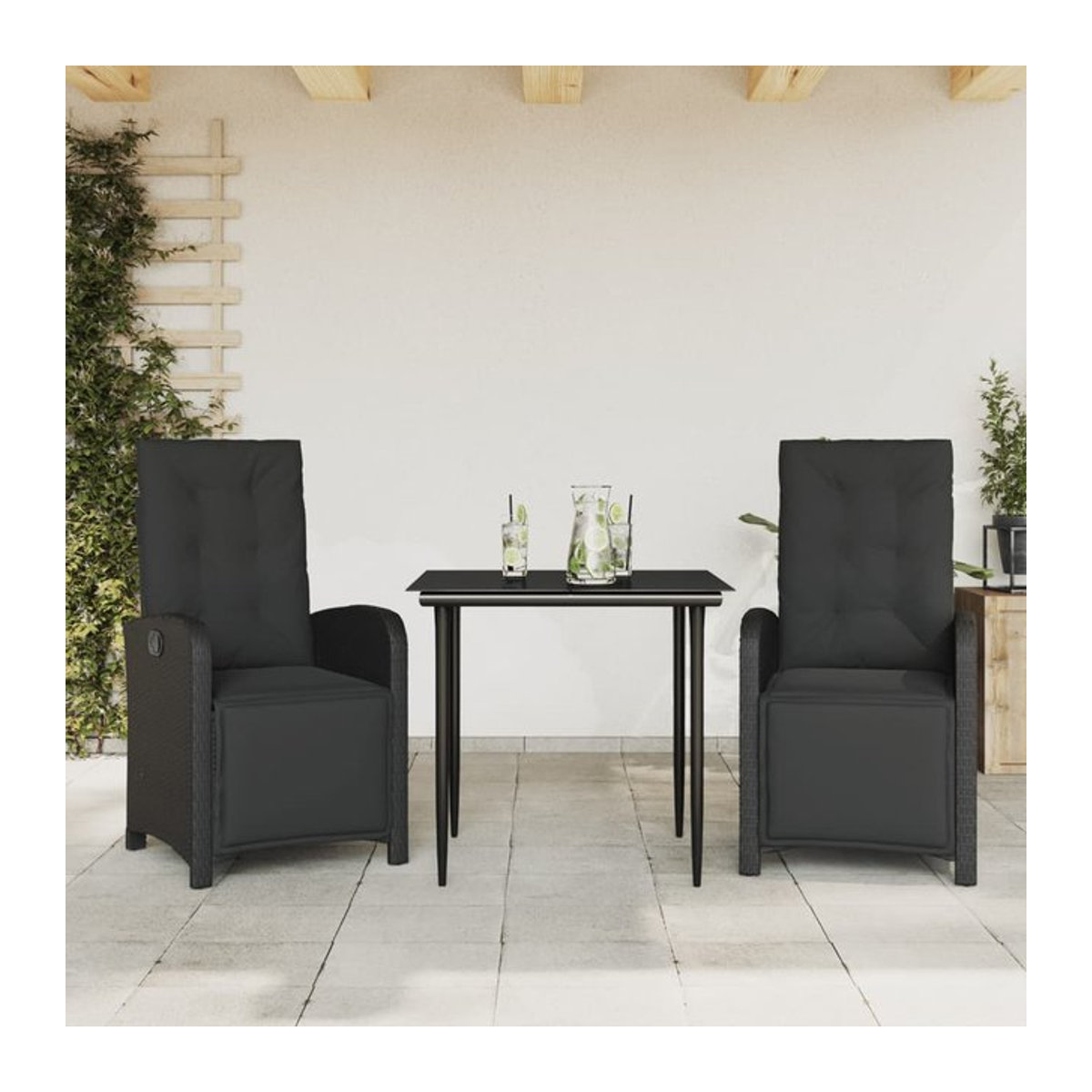 Vidaxl 3-teiliges Bistro-Möbelset aus Polyrattan mit Kissen und Glas, Schwarz - Bild 1