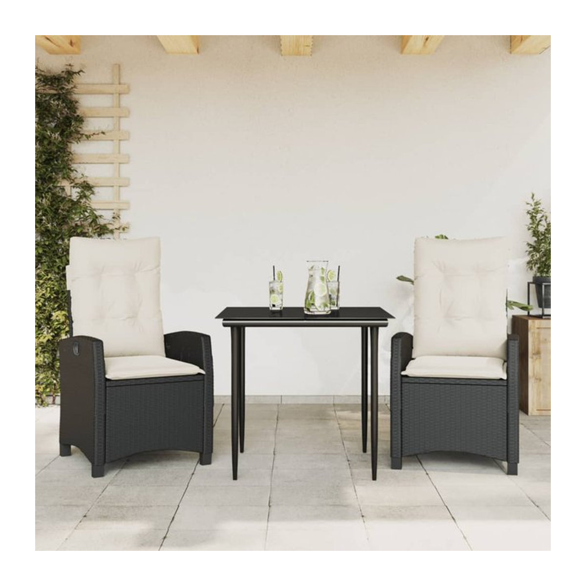 Vidaxl 3-teiliges Gartenmöbel-Set aus Polyrattan mit Kissen in Schwarz und Glastisch - Bild 1