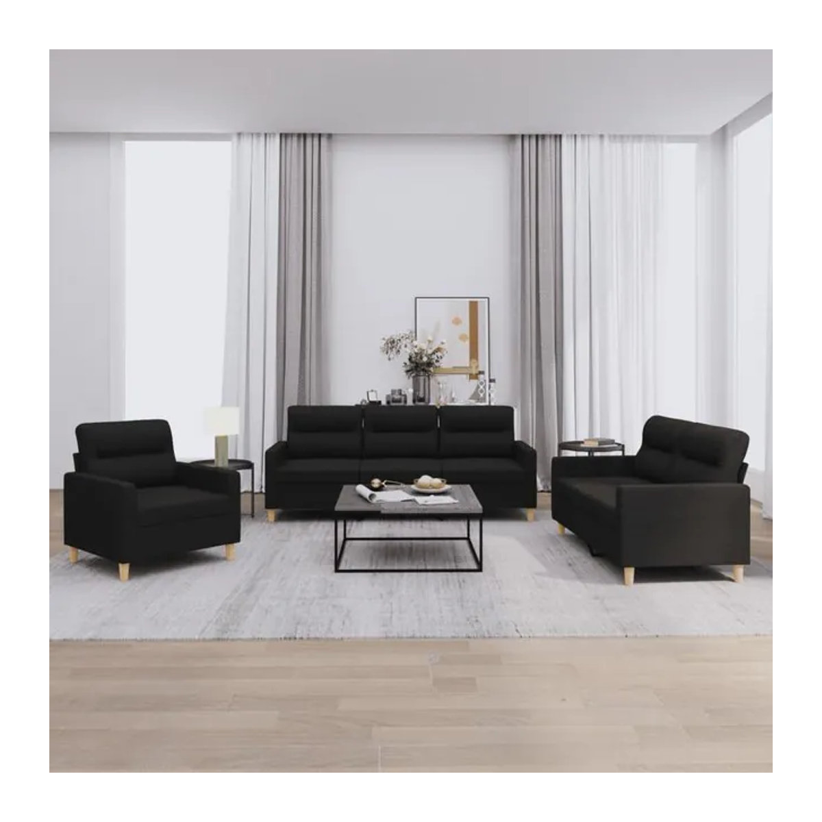 Vidaxl 3-teiliges Lounge-Set mit Kissen in Schwarz aus Stoff im modernen Design - Bild 1