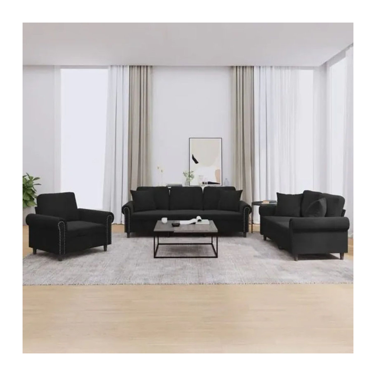 Vidaxl 3-tlg. Sofagarnitur aus Samt und Metall in Schwarz, Modernes Design mit Kissen - Bild 1