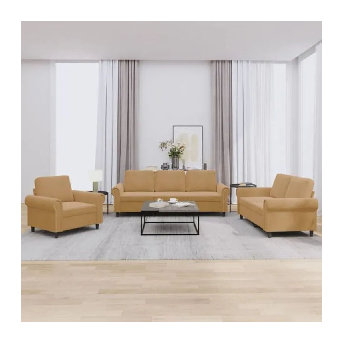 Vidaxl 3-tlg. Sofagarnitur mit Kissen aus Samt und Polyester in Braun - Bild 1