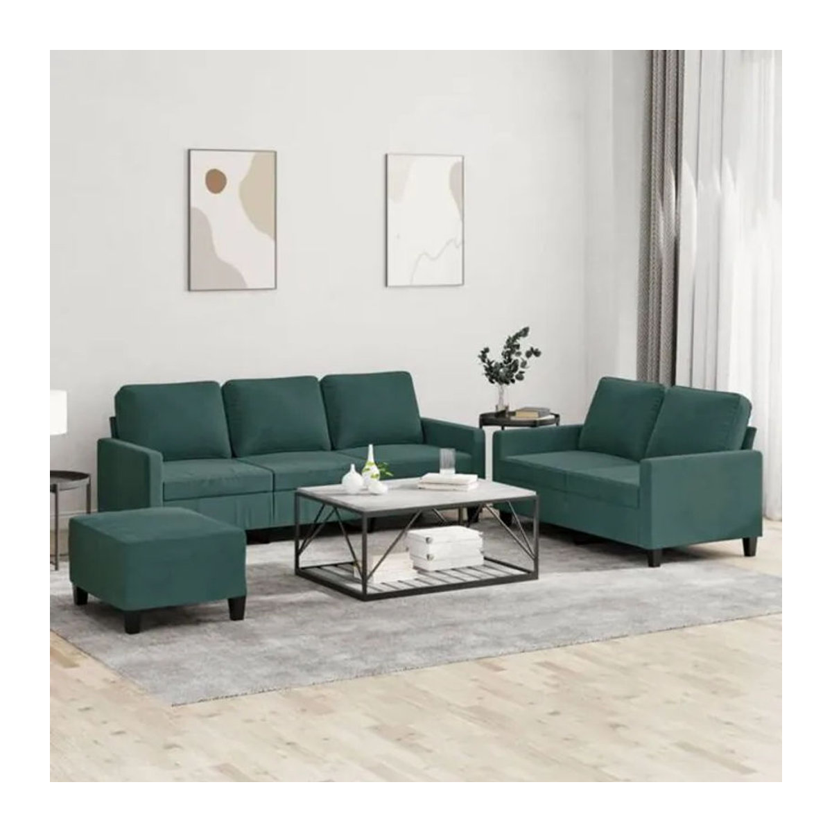 Vidaxl 3-tlg. Sofagarnitur mit Kissen in Dunkelgrün aus Samt im modernen Design - Bild 1