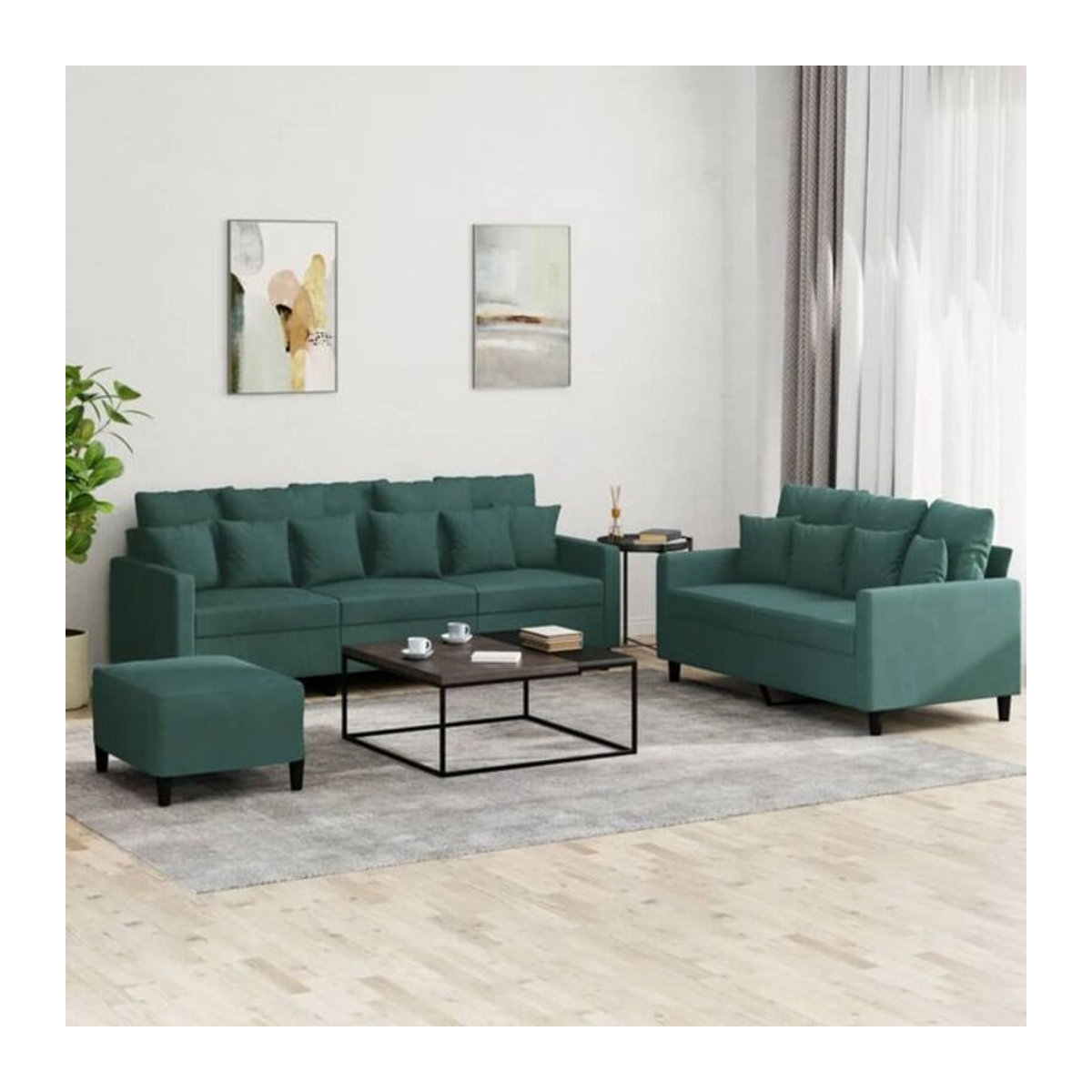 Vidaxl 3-tlg. Sofagarnitur mit Kissen in Dunkelgrün aus Samt im modernen Design - Bild 1