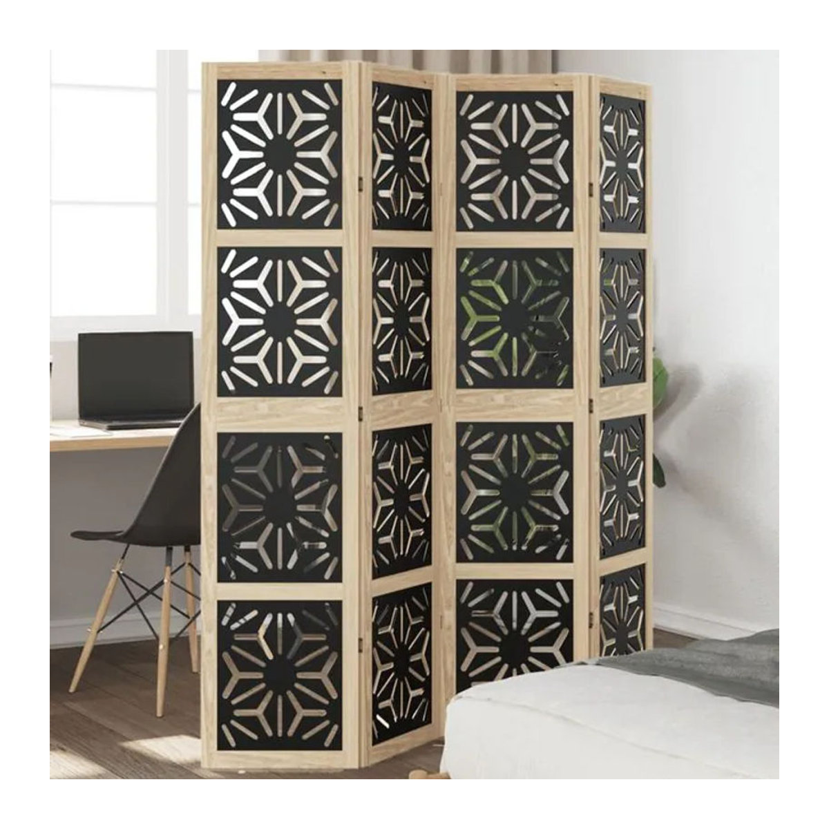 VIDAXL 4-teiliger Raumteiler aus massivem Holz in Braun, Schwarz und Gelb, moderner Sichtschutz mit geometrischem Design, H x B x T: 180 x 40 x 40 cm - Bild 1
