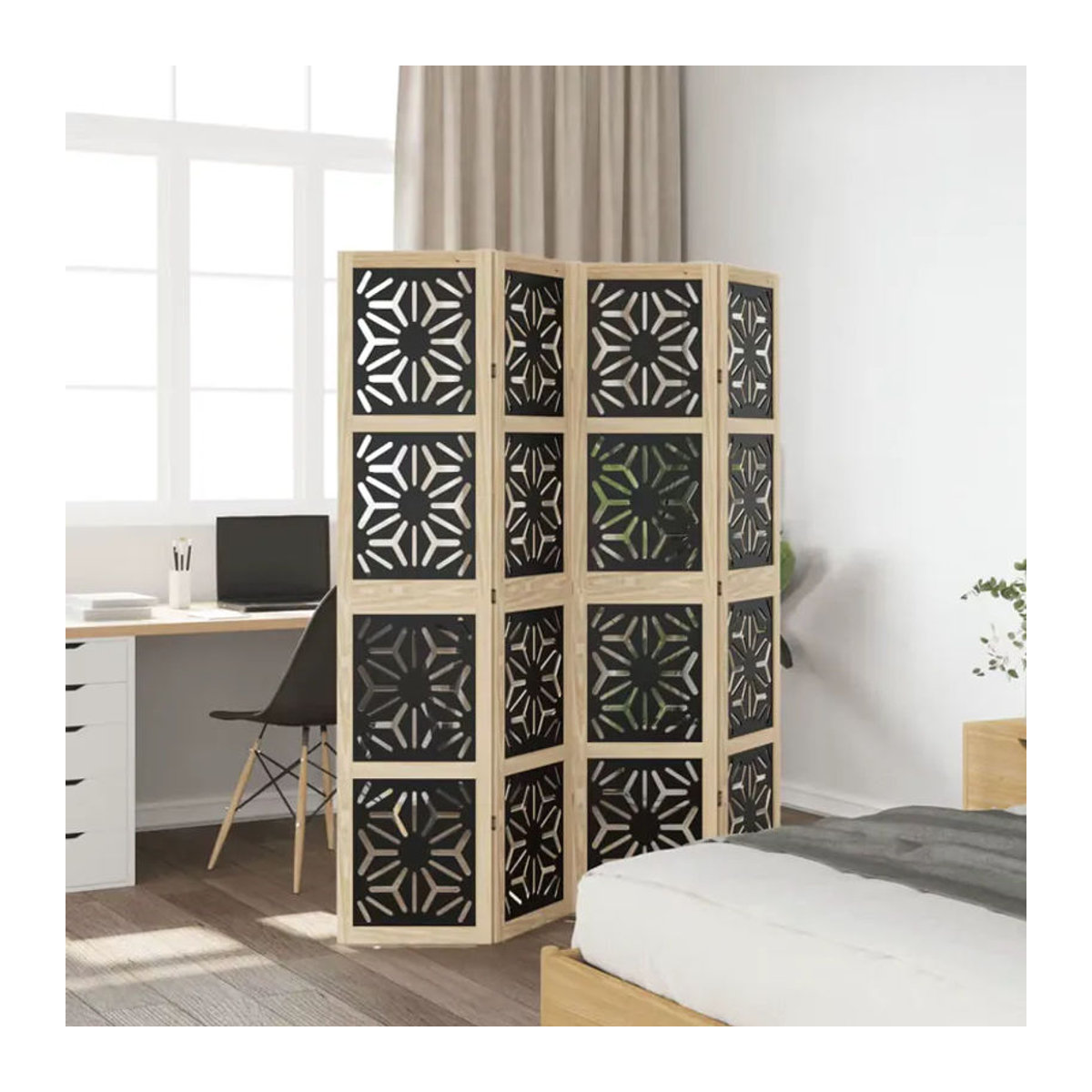 VIDAXL 4-teiliger Raumteiler aus massivem Holz in Braun, Schwarz und Gelb, moderner Sichtschutz mit geometrischem Design, H x B x T: 180 x 40 x 40 cm - Bild 3