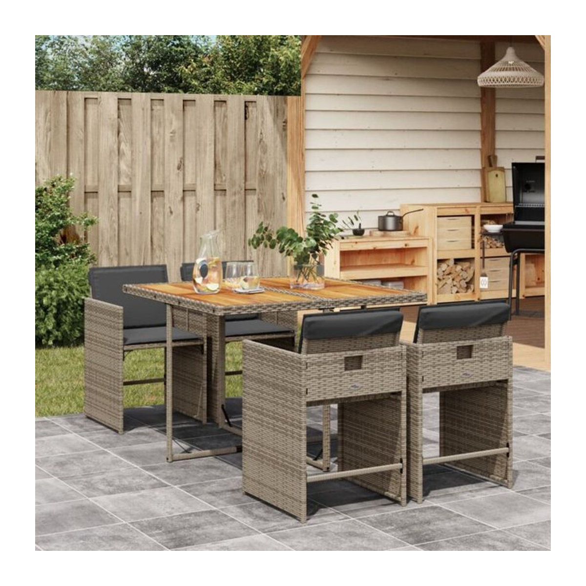 Vidaxl 5-teilige moderne Garten-Essgruppe aus grauem Poly-Rattan mit Kissen - Bild 1