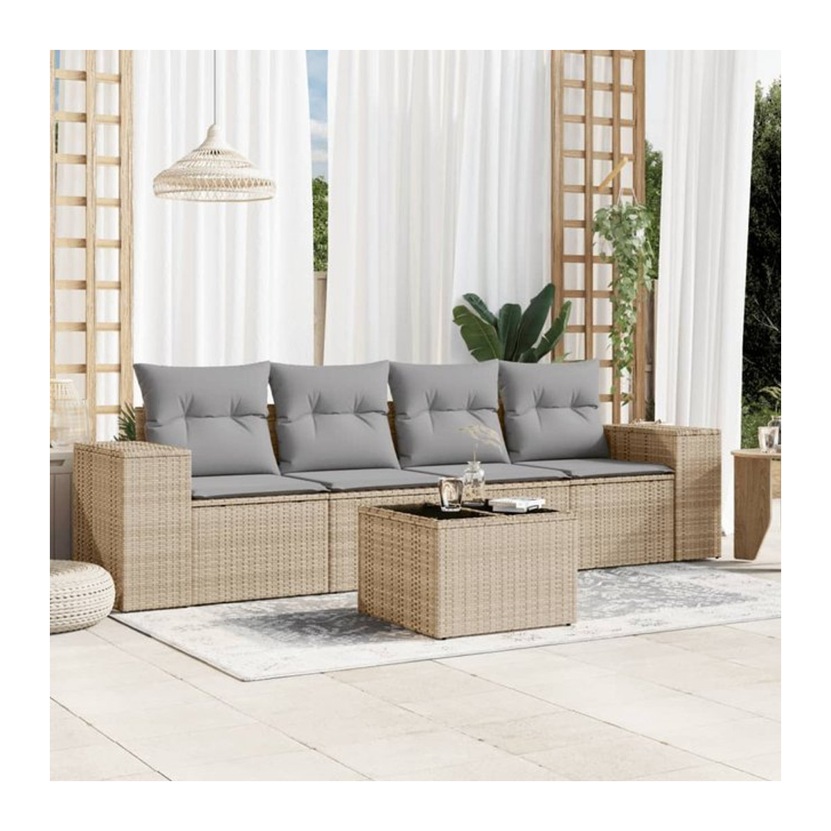 Vidaxl 5-teiliges Gartenmöbel-Set aus Polyrattan mit Kissen und Glas in Beige - Bild 1