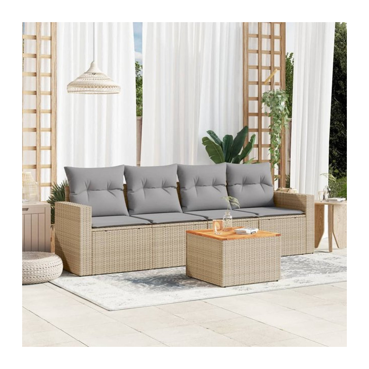 Vidaxl 5-teiliges Gartenmöbel-Set aus Rattan und Holz mit Kissen in Beige und Grau - Bild 1