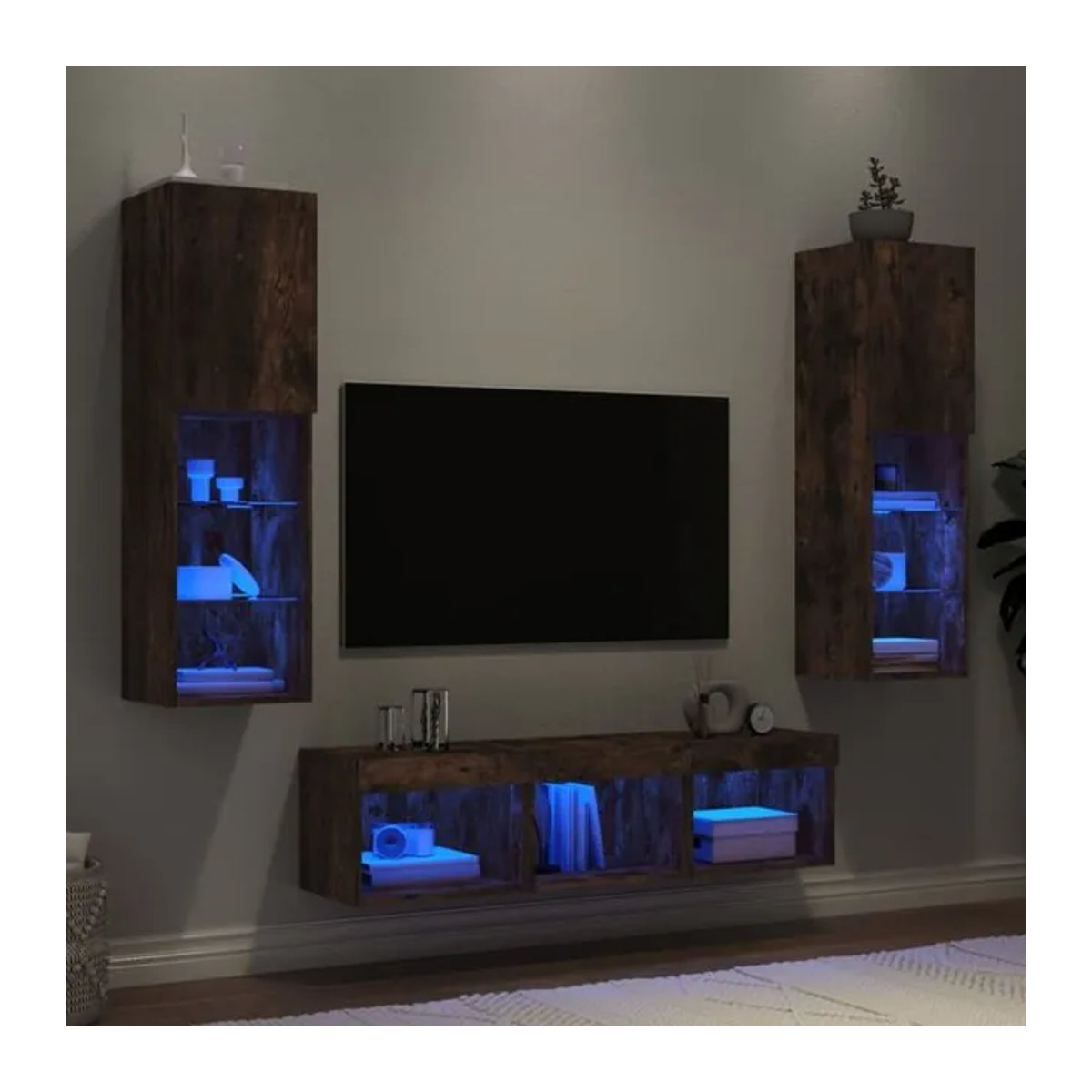 Vidaxl 5-tlg. Wohnwand Modern aus Holzwerkstoff und Glas mit LED-Beleuchtung in Räuchereiche und Grau - Bild 1