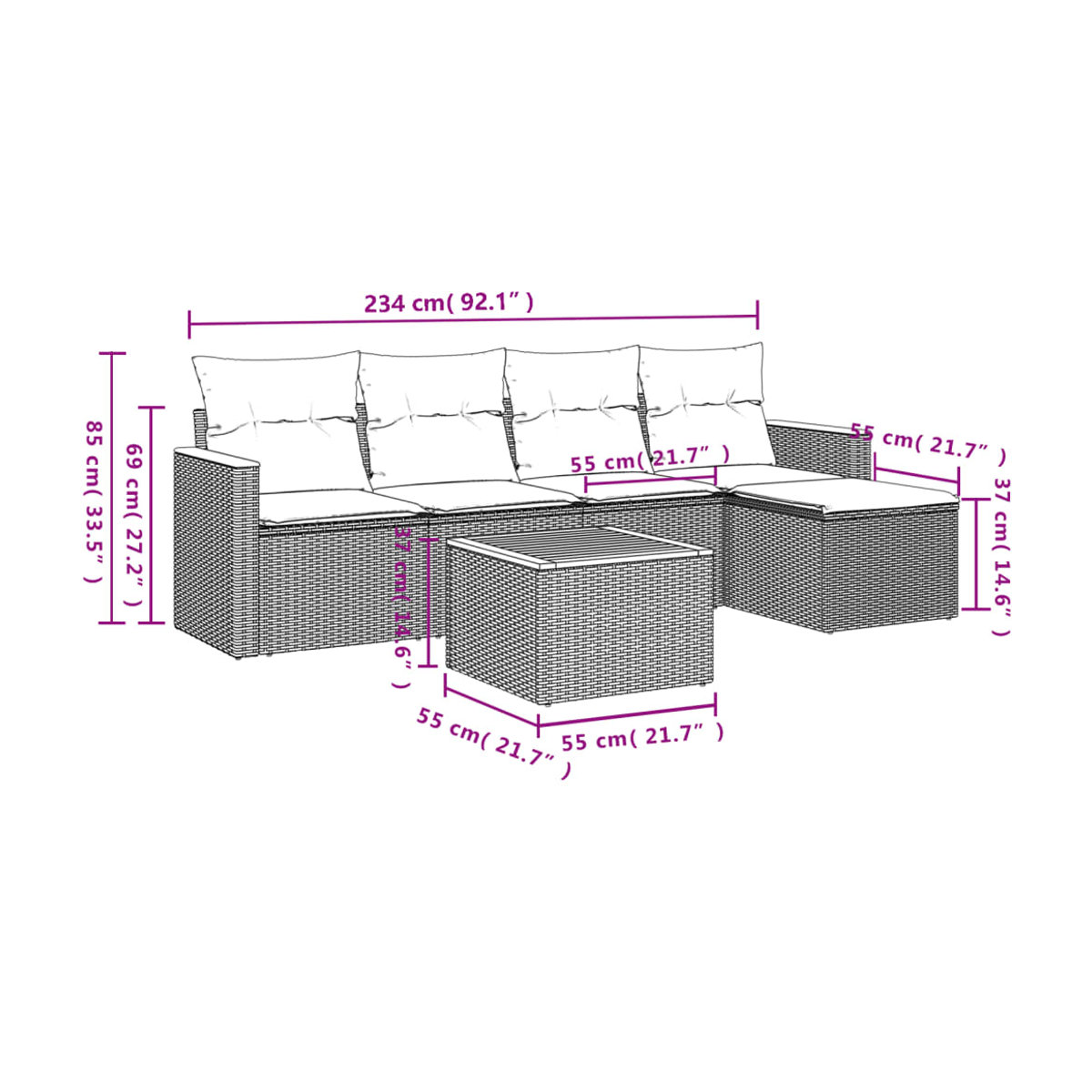 Vidaxl 6-teiliges Gartenmöbel-Set aus Polyrattan mit Kissen, Grau - Bild 3