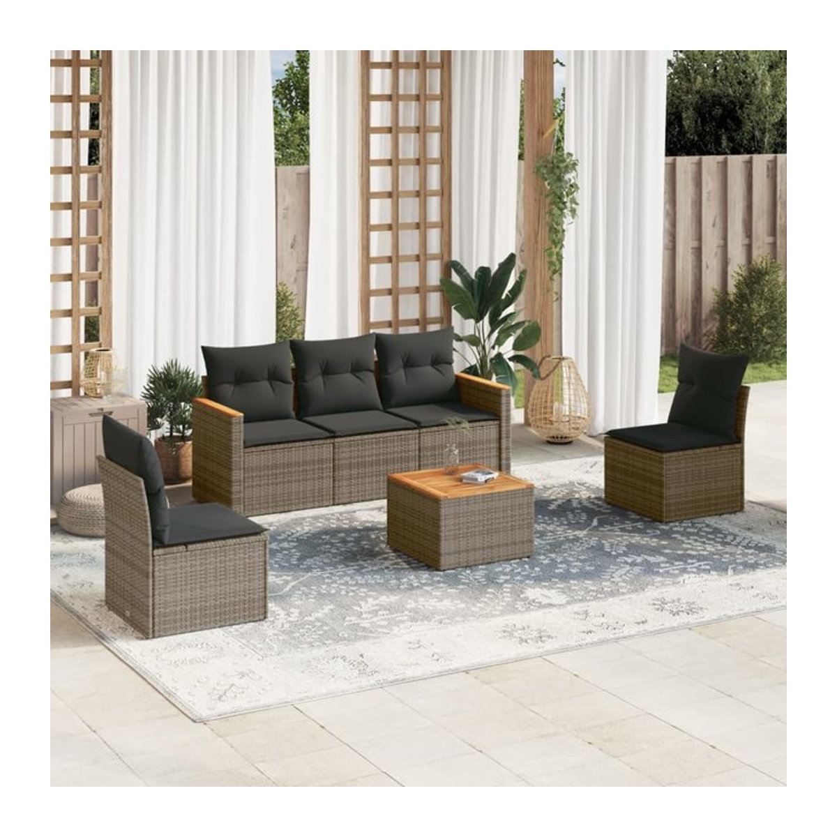 Vidaxl 6-teiliges Gartenmöbel-Set aus Polyrattan mit Kissen, Grau - Bild 1