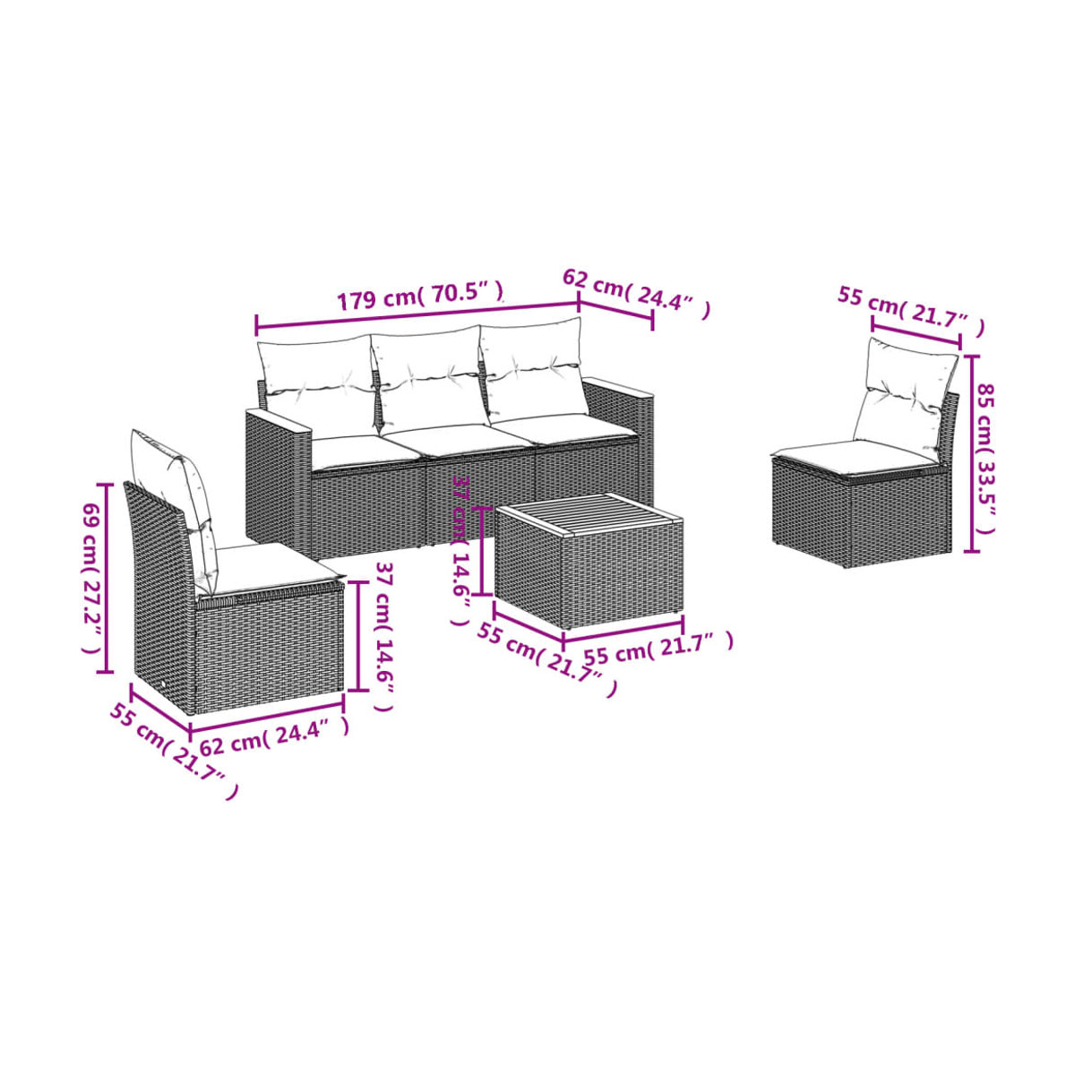 Vidaxl 6-teiliges Gartenmöbel-Set aus Polyrattan mit Kissen, Grau - Bild 2