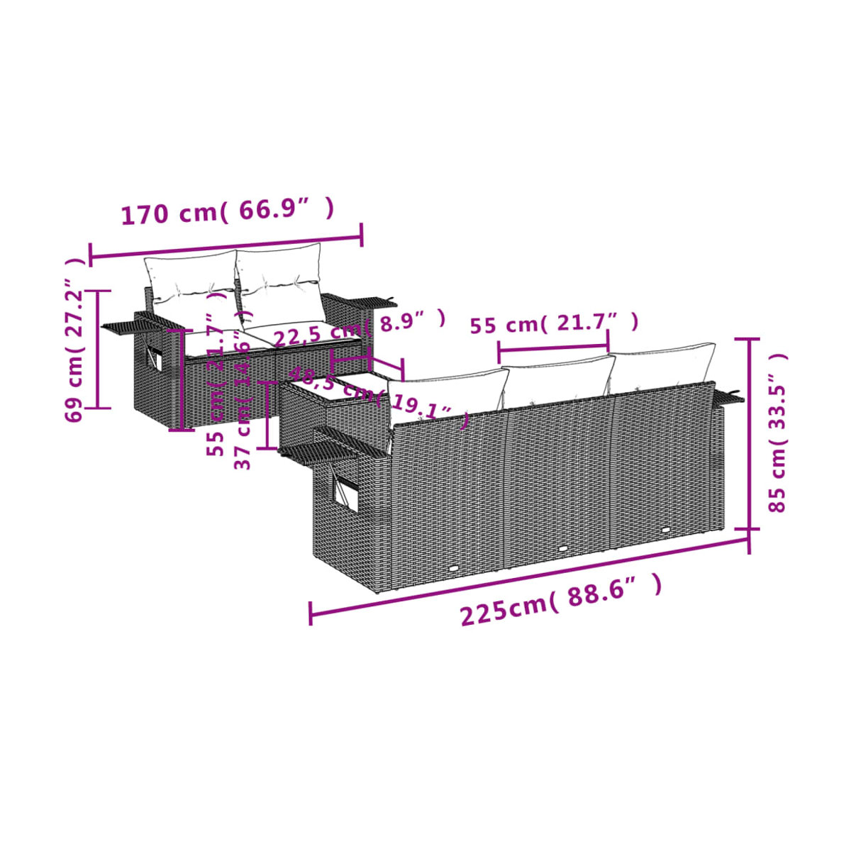 Vidaxl 6-teiliges Gartenmöbel-Set aus Polyrattan mit Kissen, Grau - Bild 3