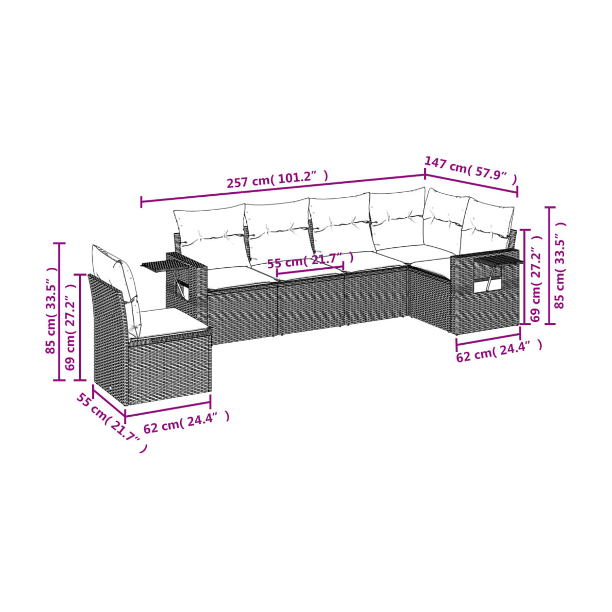 Vidaxl 6-teiliges Gartenmöbel-Set aus Polyrattan mit Kissen, Grau - Bild 2