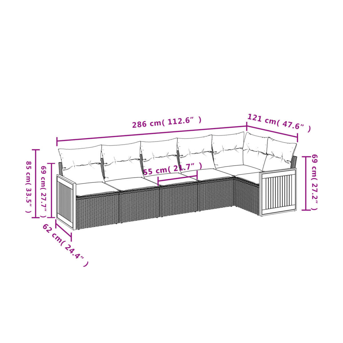 Vidaxl 6-teiliges Gartenmöbel-Set aus Polyrattan mit Kissen, Grau - Bild 3