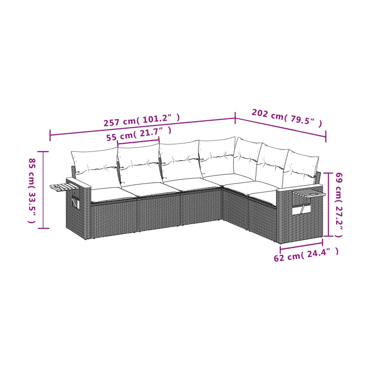 Vidaxl 6-teiliges Gartenmöbel-Set aus Polyrattan mit Kissen in Grau - Bild 3