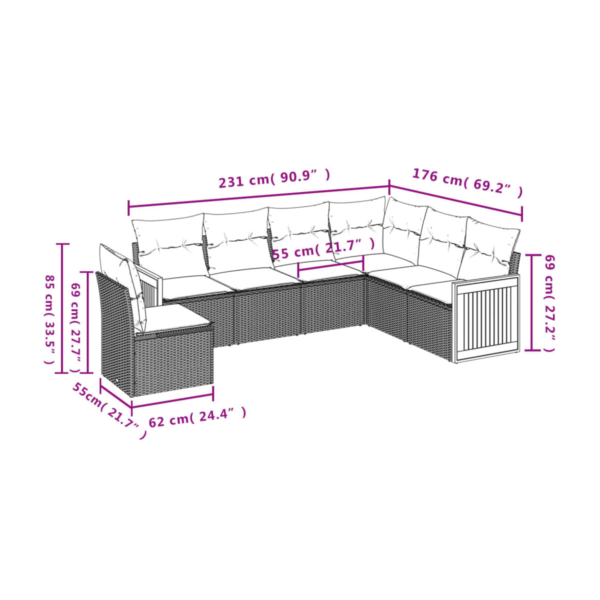 Vidaxl 6-teiliges Gartenmöbel-Set aus Polyrattan mit Kissen in Grau - Bild 2