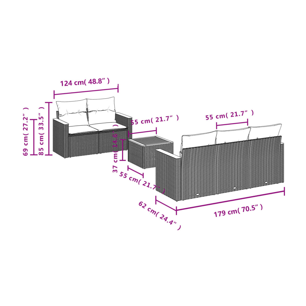Vidaxl 6-teiliges Gartenmöbel-Set aus Polyrattan mit Kissen in Grau - Bild 2