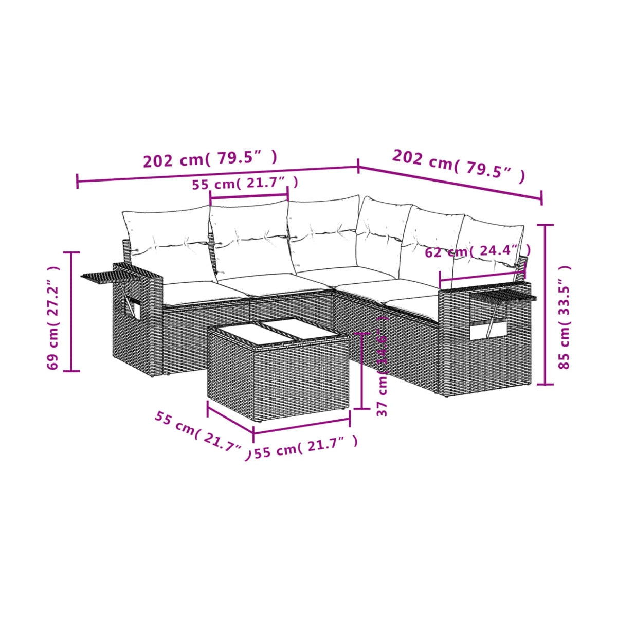 Vidaxl 6-teiliges Gartenmöbel-Set aus Polyrattan mit Kissen in Grau und Anthrazit - Bild 2
