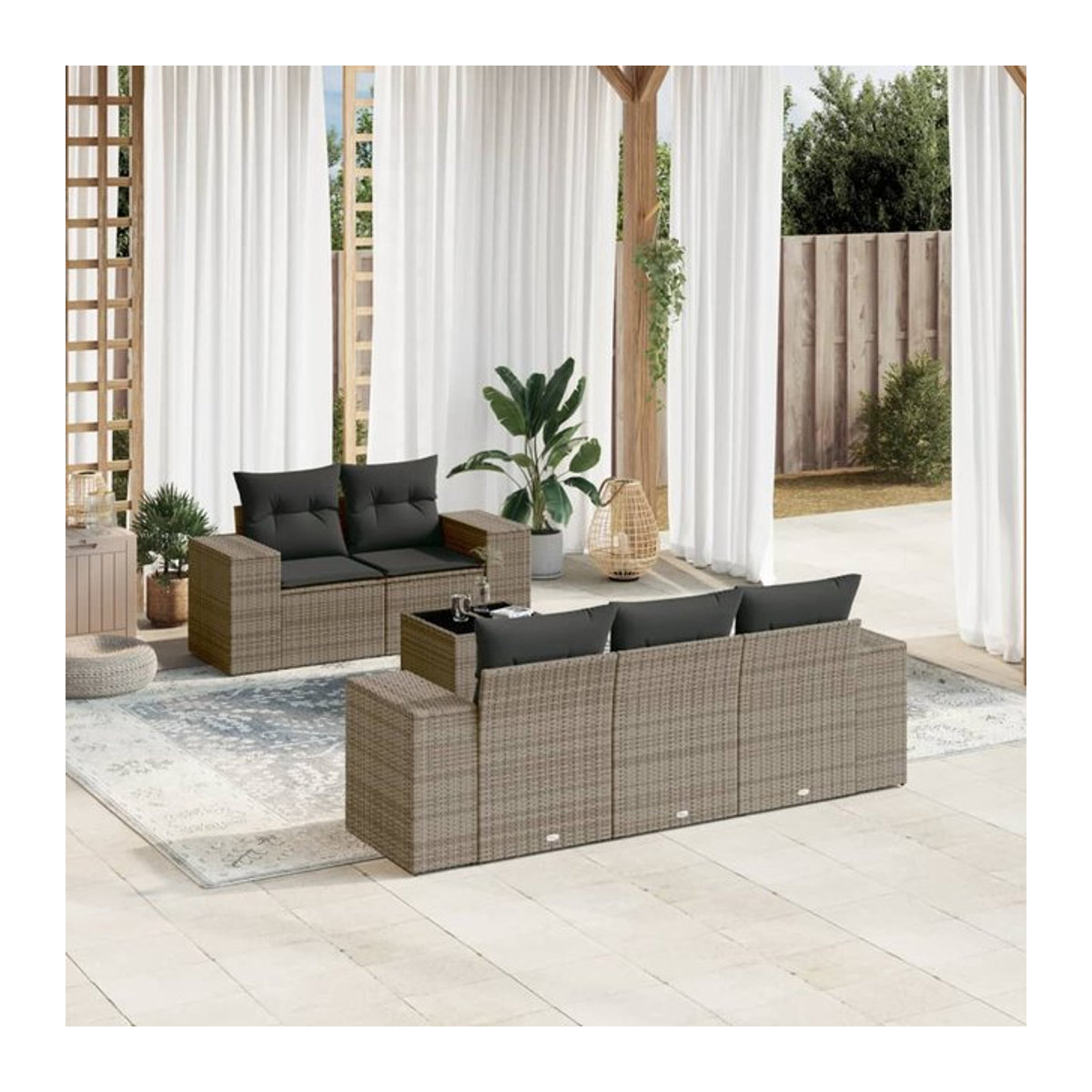 Vidaxl 6-teiliges Gartenmöbel-Set aus Polyrattan mit Kissen und Glas in Grau - Bild 1