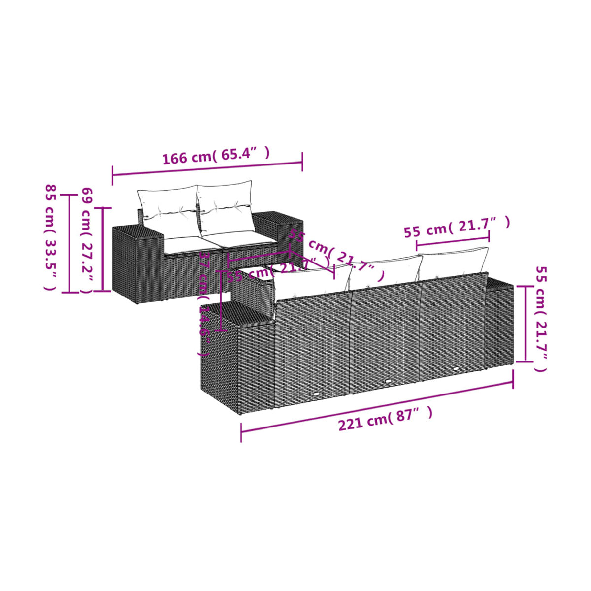 Vidaxl 6-teiliges Gartenmöbel-Set aus Polyrattan mit Kissen und Glas in Grau - Bild 3
