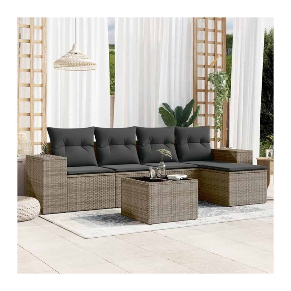 Vidaxl 6-teiliges Gartenmöbel-Set aus Polyrattan mit Kissen und Glas in Grau - Bild 1