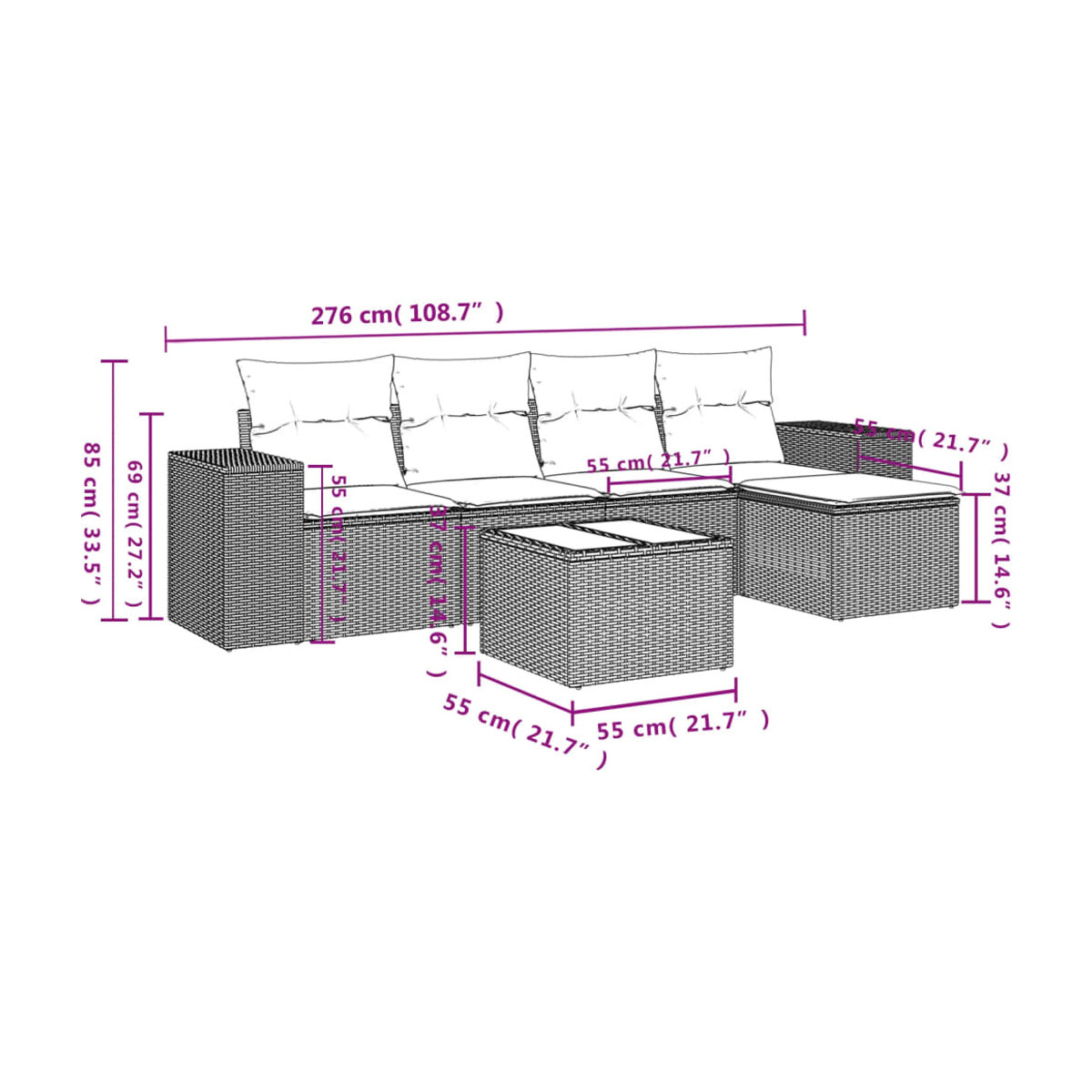 Vidaxl 6-teiliges Gartenmöbel-Set aus Polyrattan mit Kissen und Glas in Grau - Bild 2
