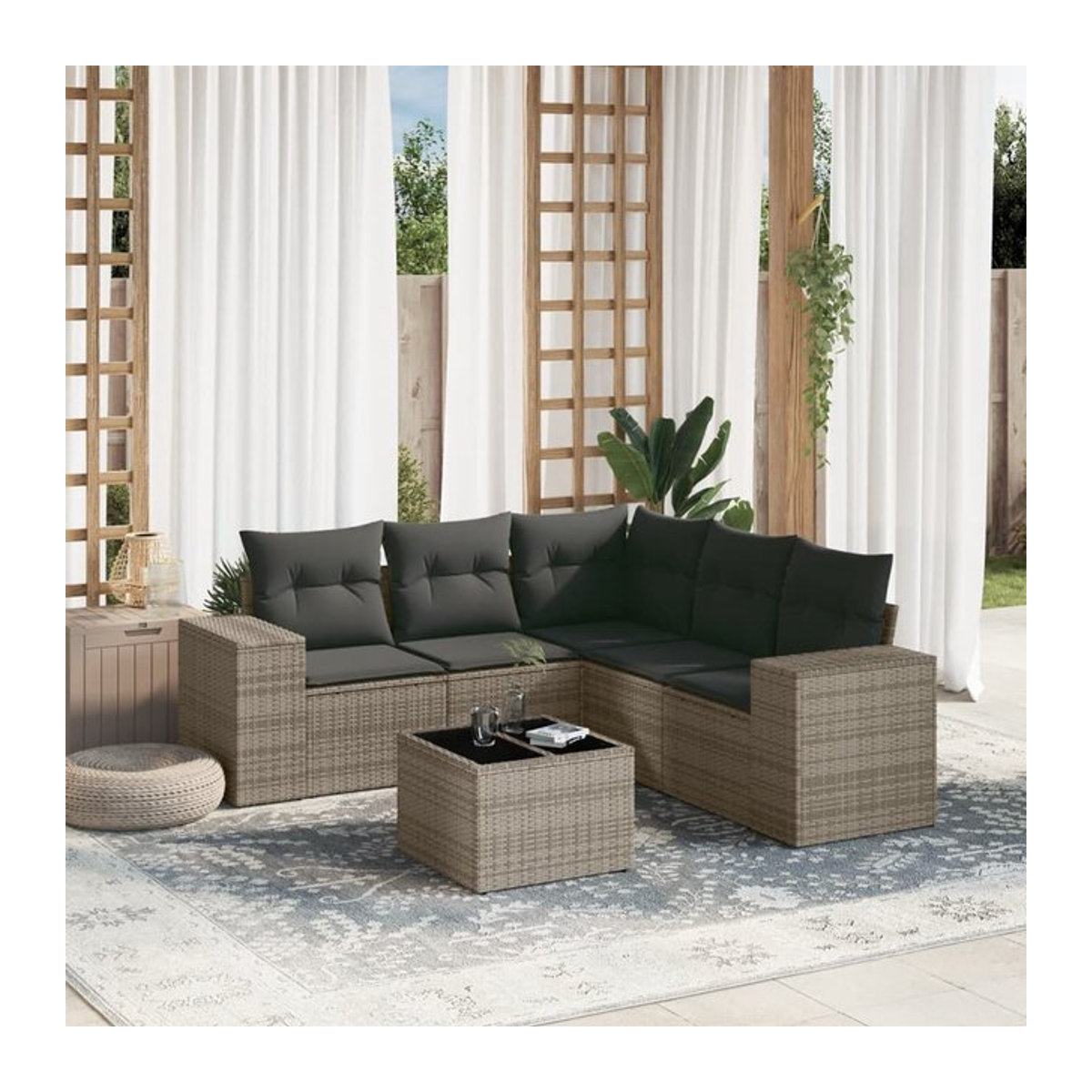 Vidaxl 6-teiliges Gartenmöbel-Set aus Polyrattan mit Kissen und Glas in Grau - Bild 1