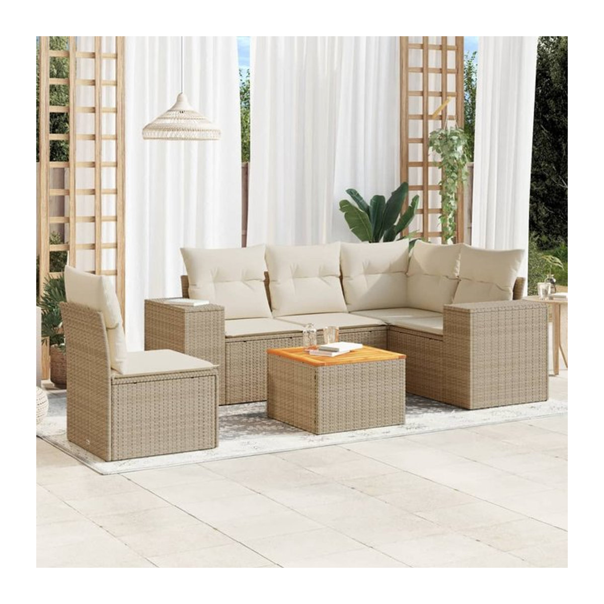 Vidaxl 6-teiliges Gartenmöbel-Set aus Polyrattan und Akazie mit Kissen, Beige - Bild 1