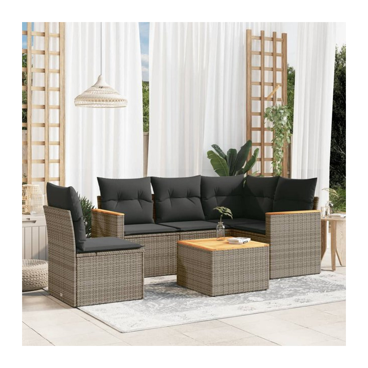 Vidaxl 6-teiliges Gartenmöbel-Set aus Polyrattan und Akazie mit Kissen, Grau - Bild 1