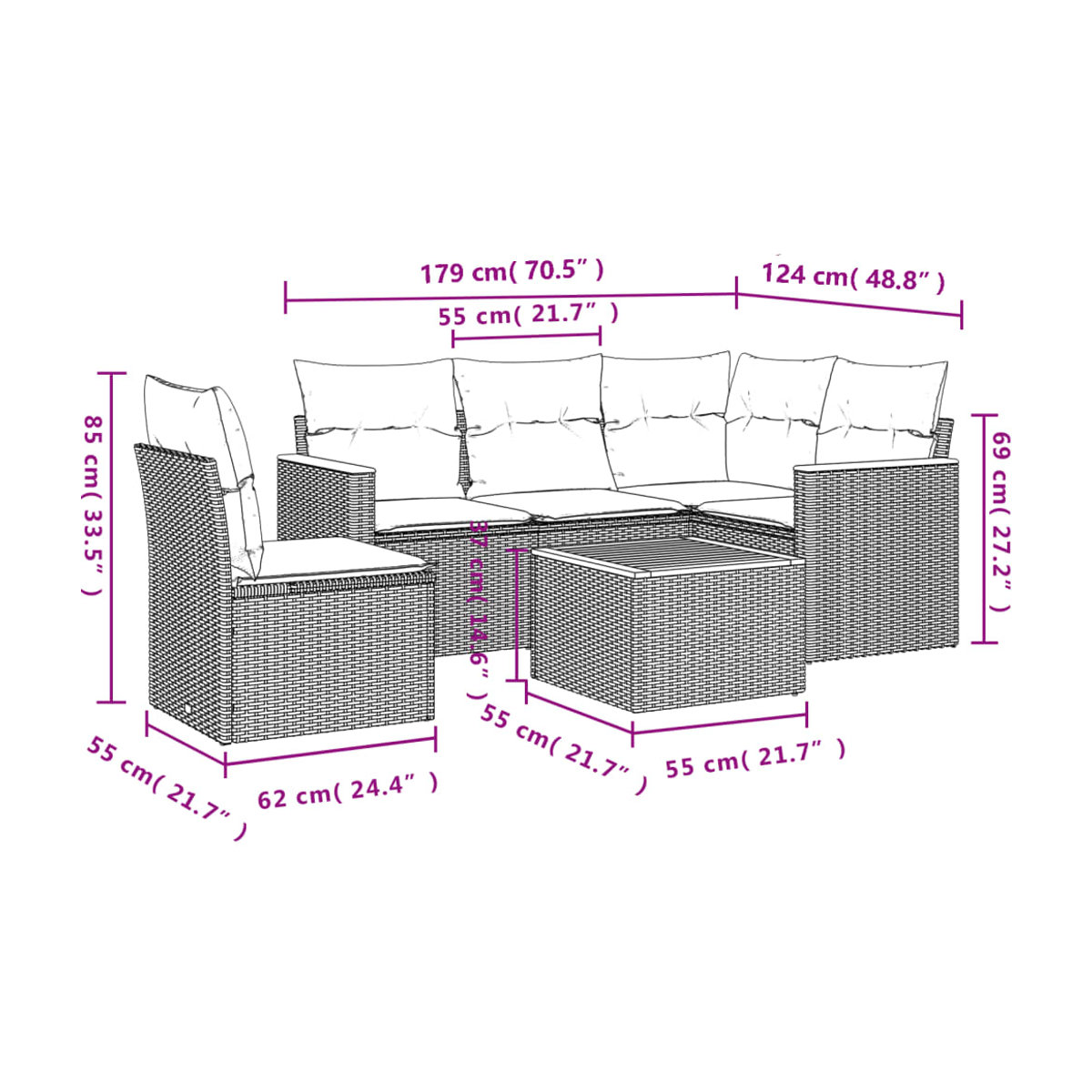 Vidaxl 6-teiliges Gartenmöbel-Set aus Polyrattan und Akazie mit Kissen, Grau - Bild 2