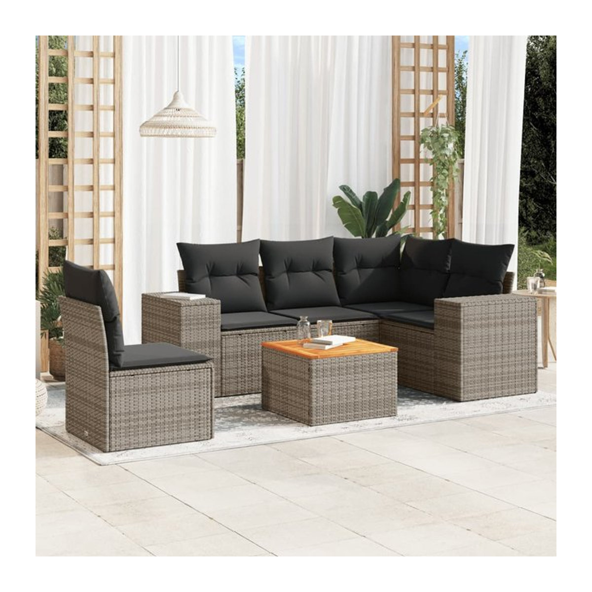 Vidaxl 6-teiliges Gartenmöbel-Set aus Polyrattan und Akazie mit Kissen, Grau - Bild 1