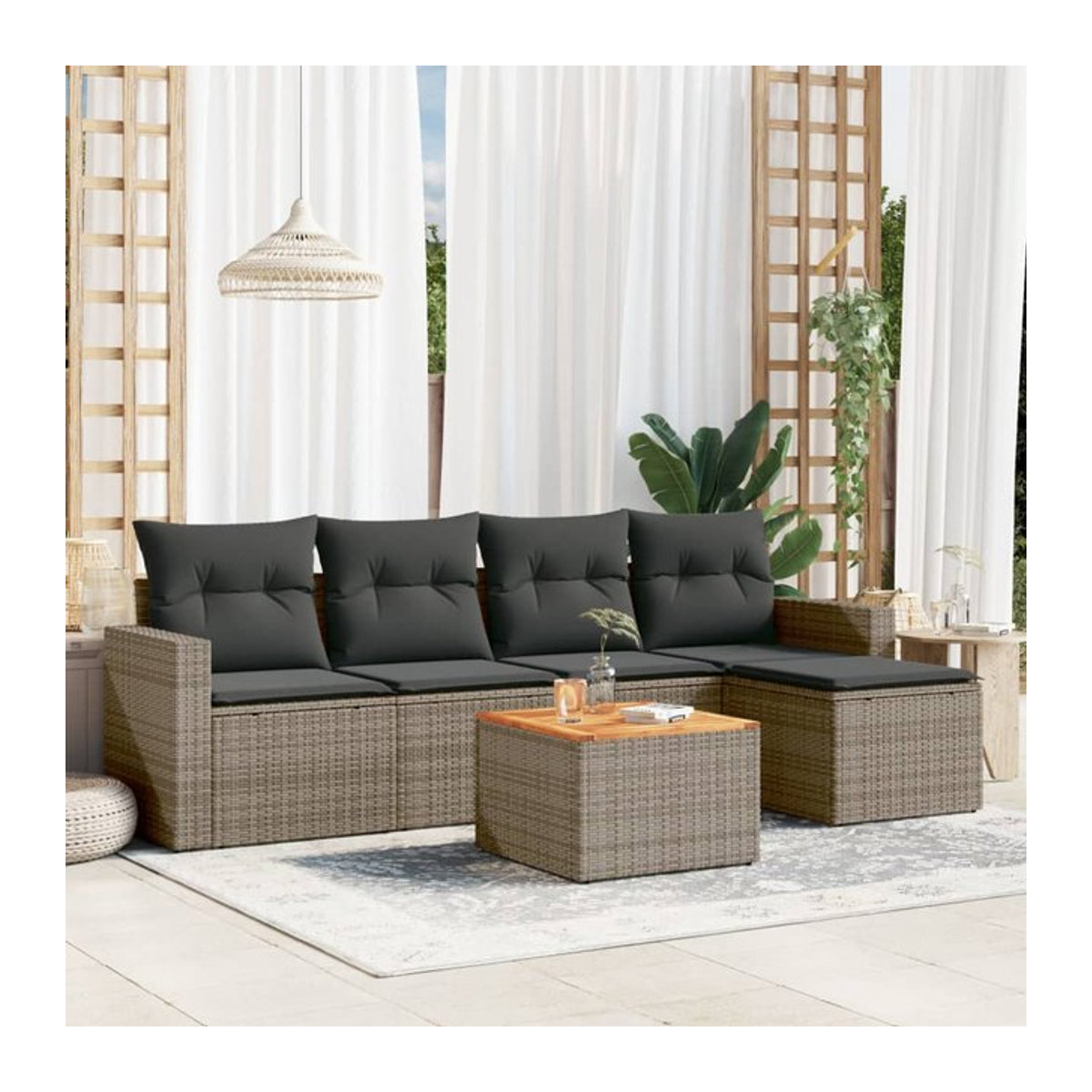 Vidaxl 6-teiliges Gartenmöbel-Set aus Polyrattan und Akazie mit Kissen, Grau - Bild 1