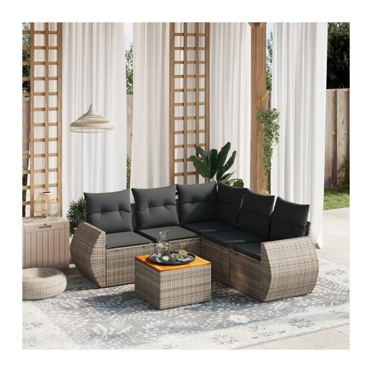 Vidaxl 6-teiliges Gartenmöbel-Set aus Polyrattan und Akazie mit Kissen, Grau - Bild 1