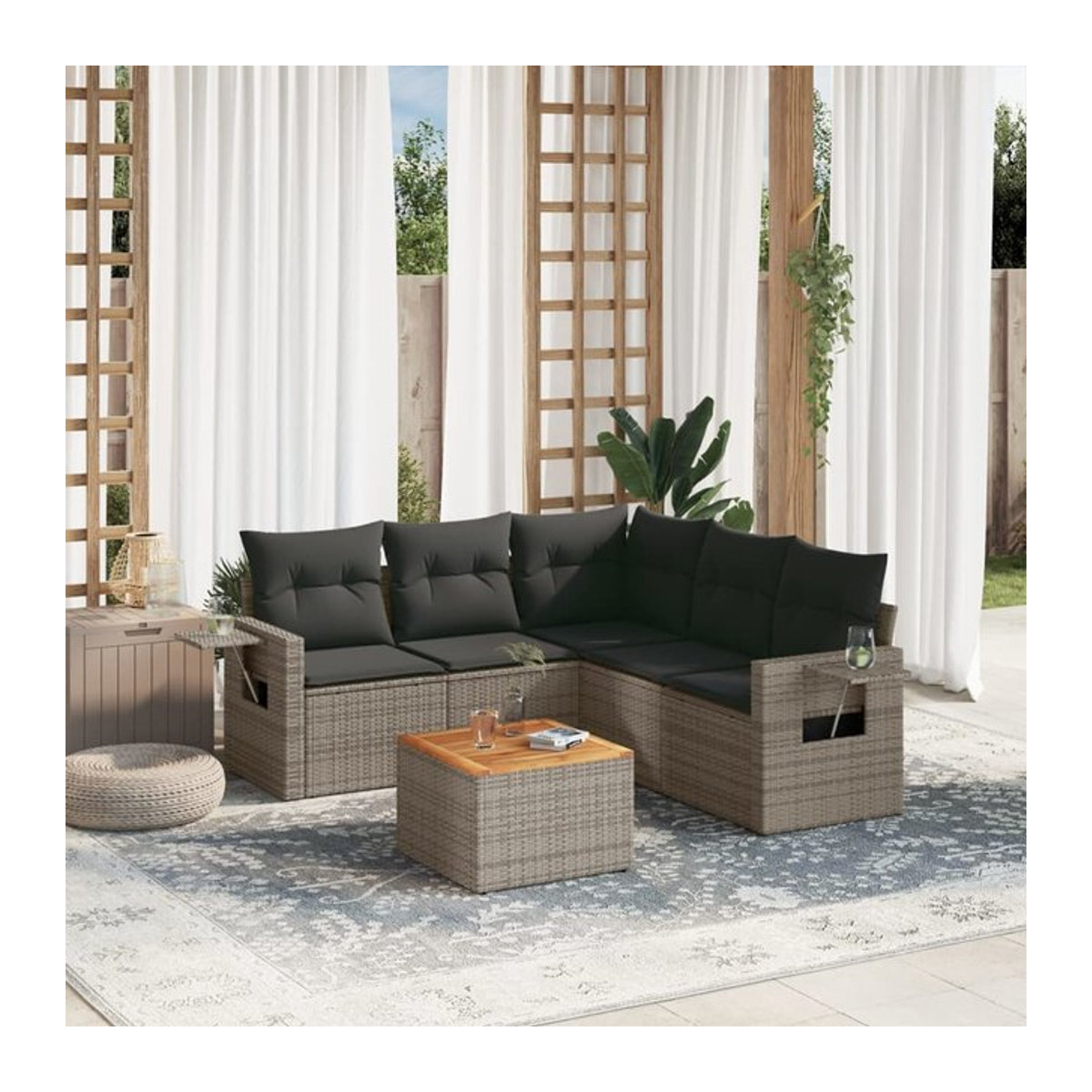 Vidaxl 6-teiliges Gartenmöbel-Set aus Polyrattan und Akazie mit Kissen, Grau - Bild 1
