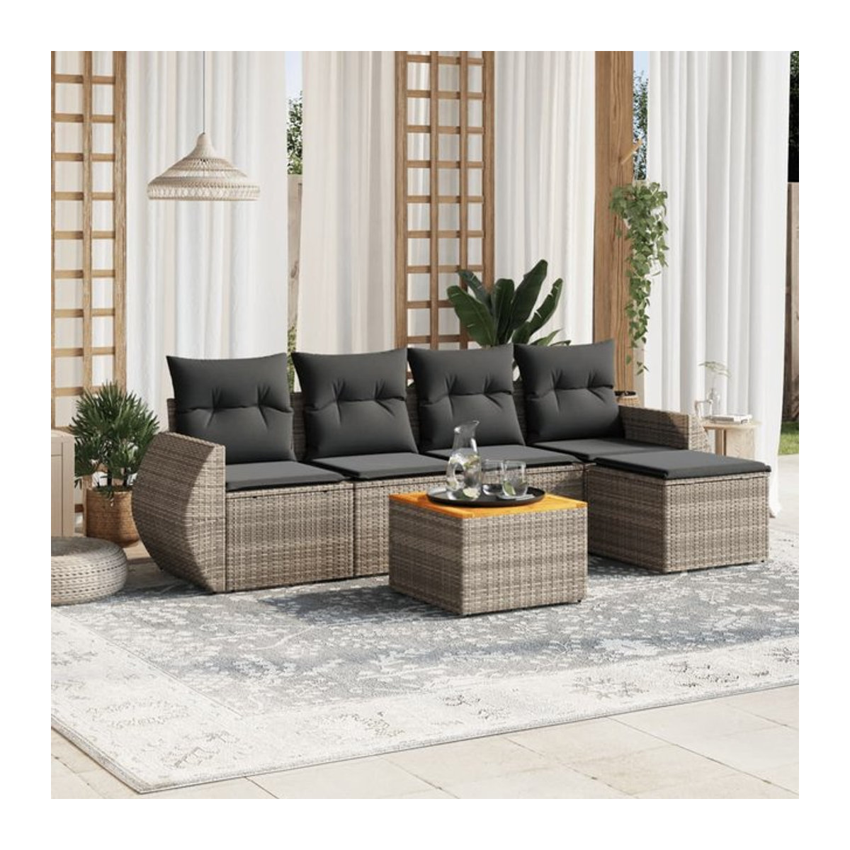 Vidaxl 6-teiliges Gartenmöbel-Set aus Polyrattan und Akazie mit Kissen, Grau - Bild 1