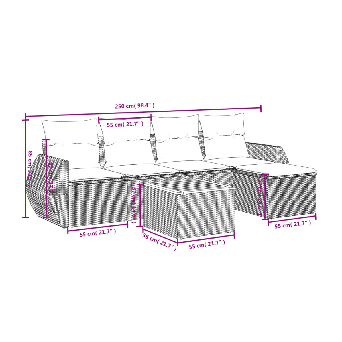 Vidaxl 6-teiliges Gartenmöbel-Set aus Polyrattan und Akazie mit Kissen, Grau - Bild 2