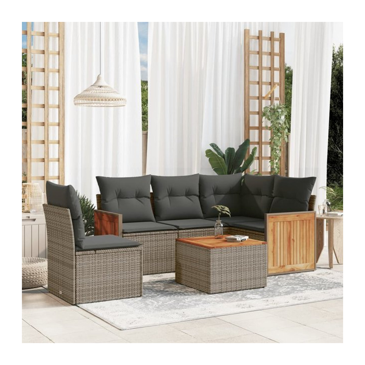 Vidaxl 6-teiliges Gartenmöbel-Set aus Polyrattan und Akazie mit Kissen, Grau - Bild 1