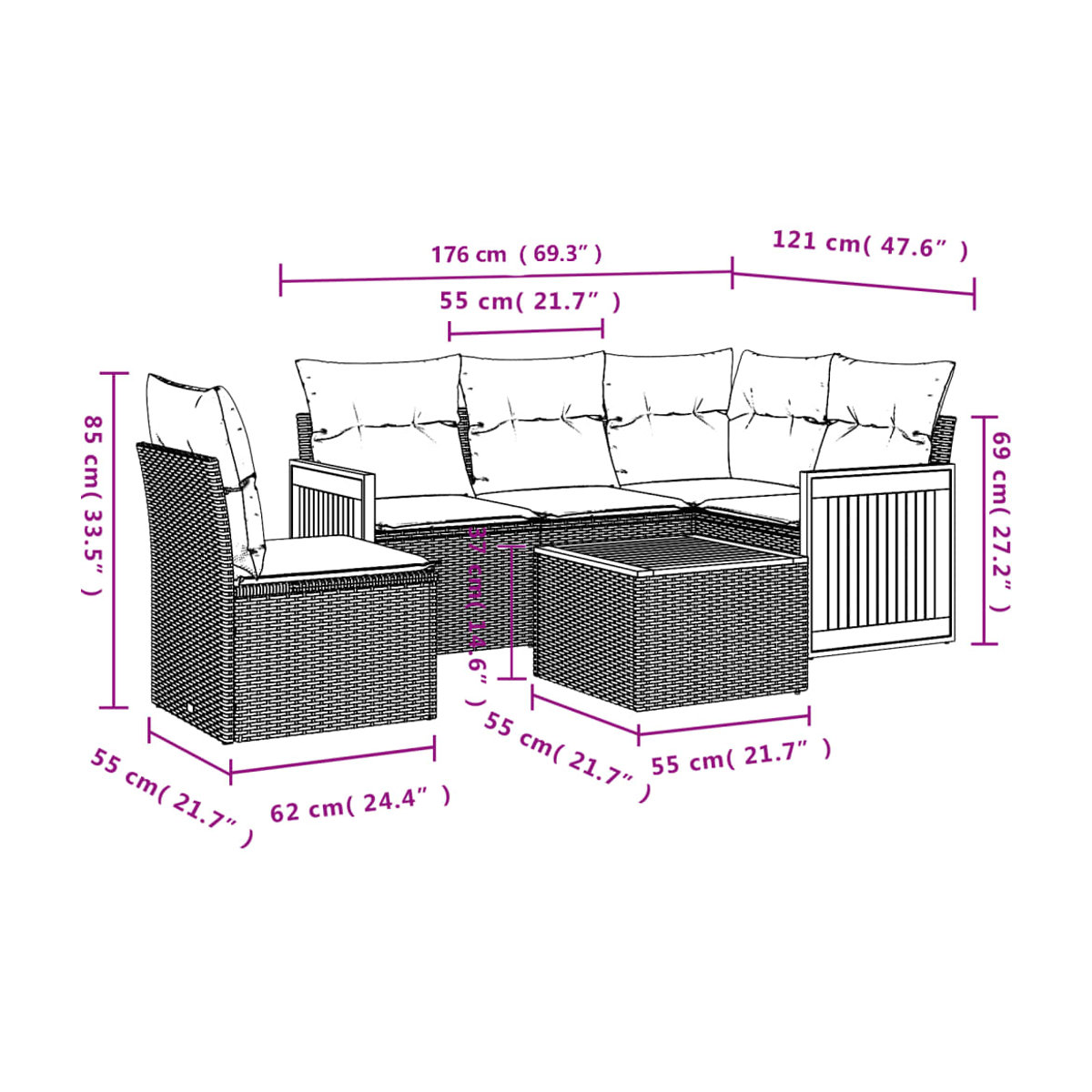 Vidaxl 6-teiliges Gartenmöbel-Set aus Polyrattan und Akazie mit Kissen, Grau - Bild 2