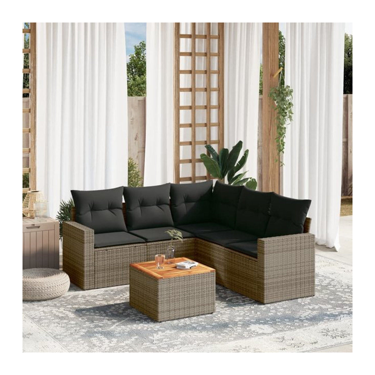Vidaxl 6-teiliges Gartenmöbel-Set aus Polyrattan und Akazie mit Kissen, Grau - Bild 1
