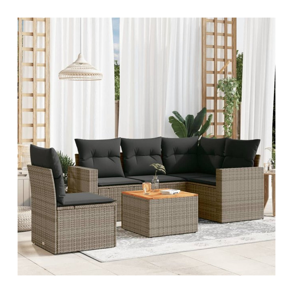 Vidaxl 6-teiliges Gartenmöbel-Set aus Polyrattan und Akazie mit Kissen, Grau - Bild 1