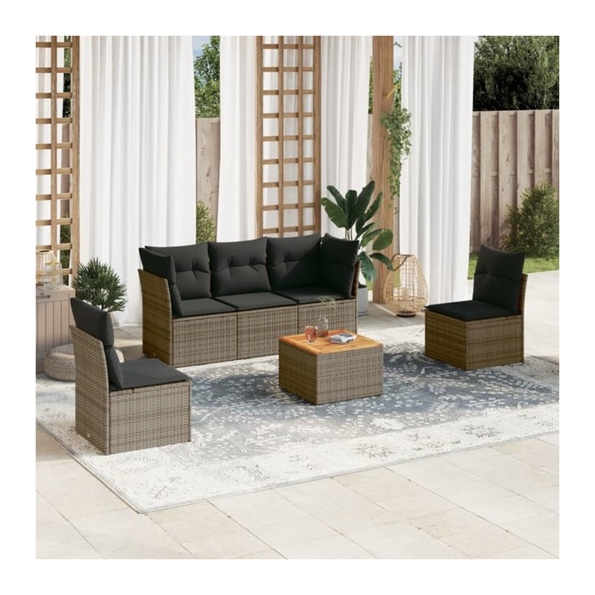 Vidaxl 6-teiliges Gartenmöbel-Set aus Polyrattan und Akazie mit Kissen, Grau - Bild 1