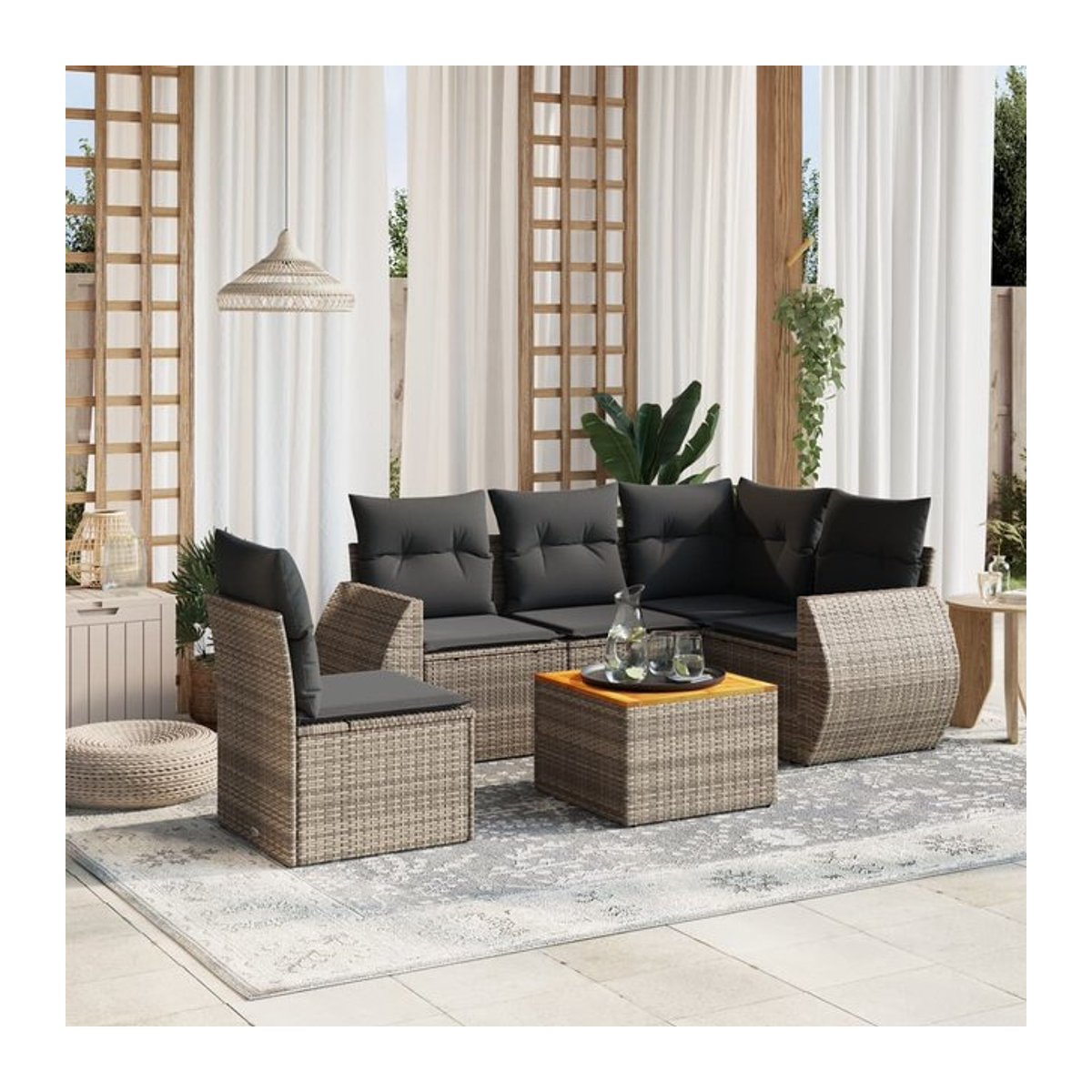 Vidaxl 6-teiliges Gartenmöbel-Set aus Polyrattan und Akazie mit Kissen, Grau - Bild 1