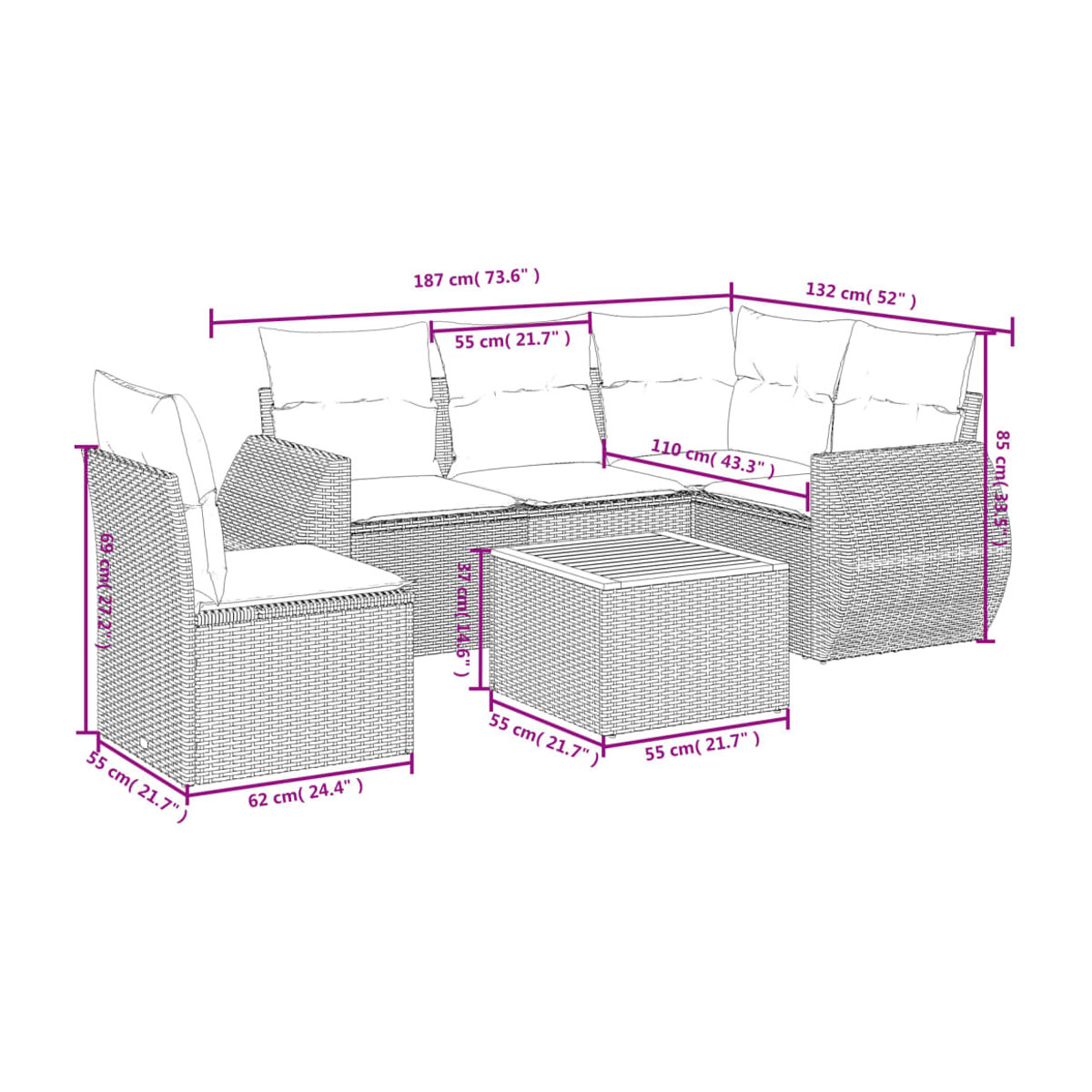 Vidaxl 6-teiliges Gartenmöbel-Set aus Polyrattan und Akazie mit Kissen, Grau - Bild 3
