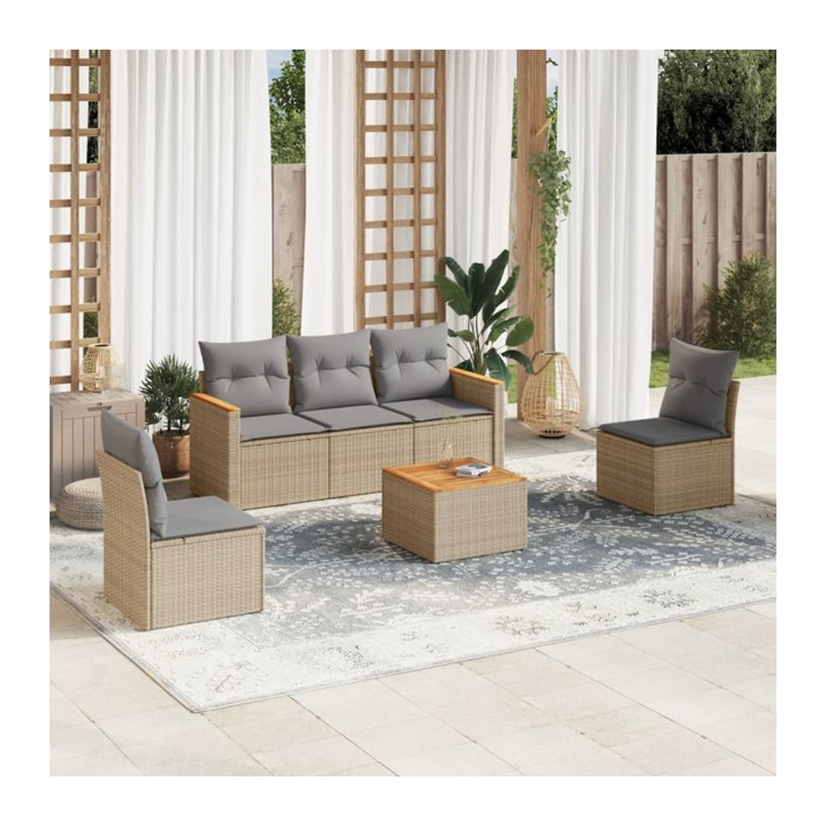 Vidaxl 6-teiliges Gartenmöbel-Set aus Polyrattan und Akazie mit Kissen in Beige - Bild 1