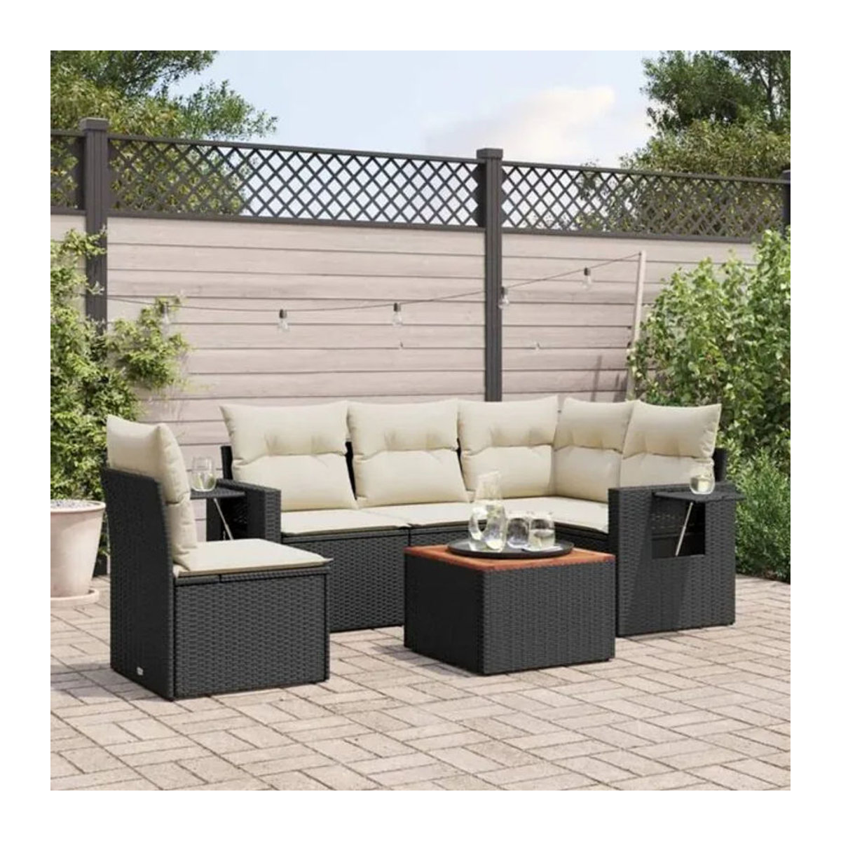 Vidaxl 6-tlg. Garten-Sofagarnitur aus Polyrattan in Schwarz mit beigen Kissen im modernen Loungemöbel-Design - Bild 1