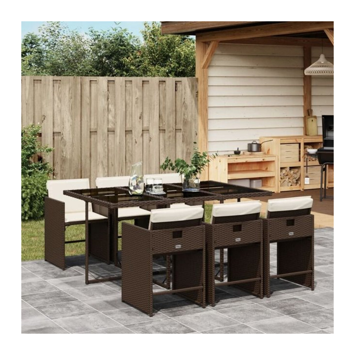Vidaxl 7-teilige Garten-Essgruppe aus braunem Poly-Rattan mit Glasplatte und Kissen - Bild 1